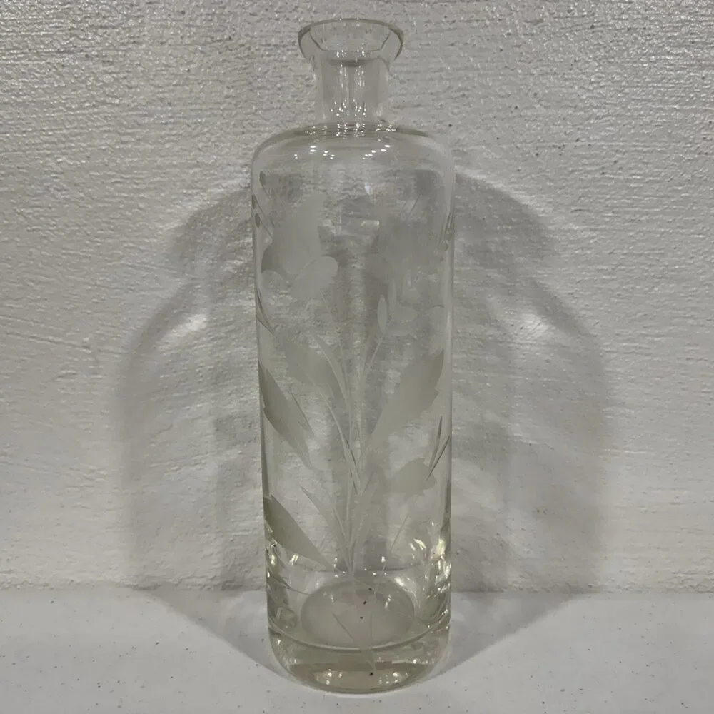 Vintage Etched Clear Glass Bottle Decanter Wheat FloralPattern Antique Barware